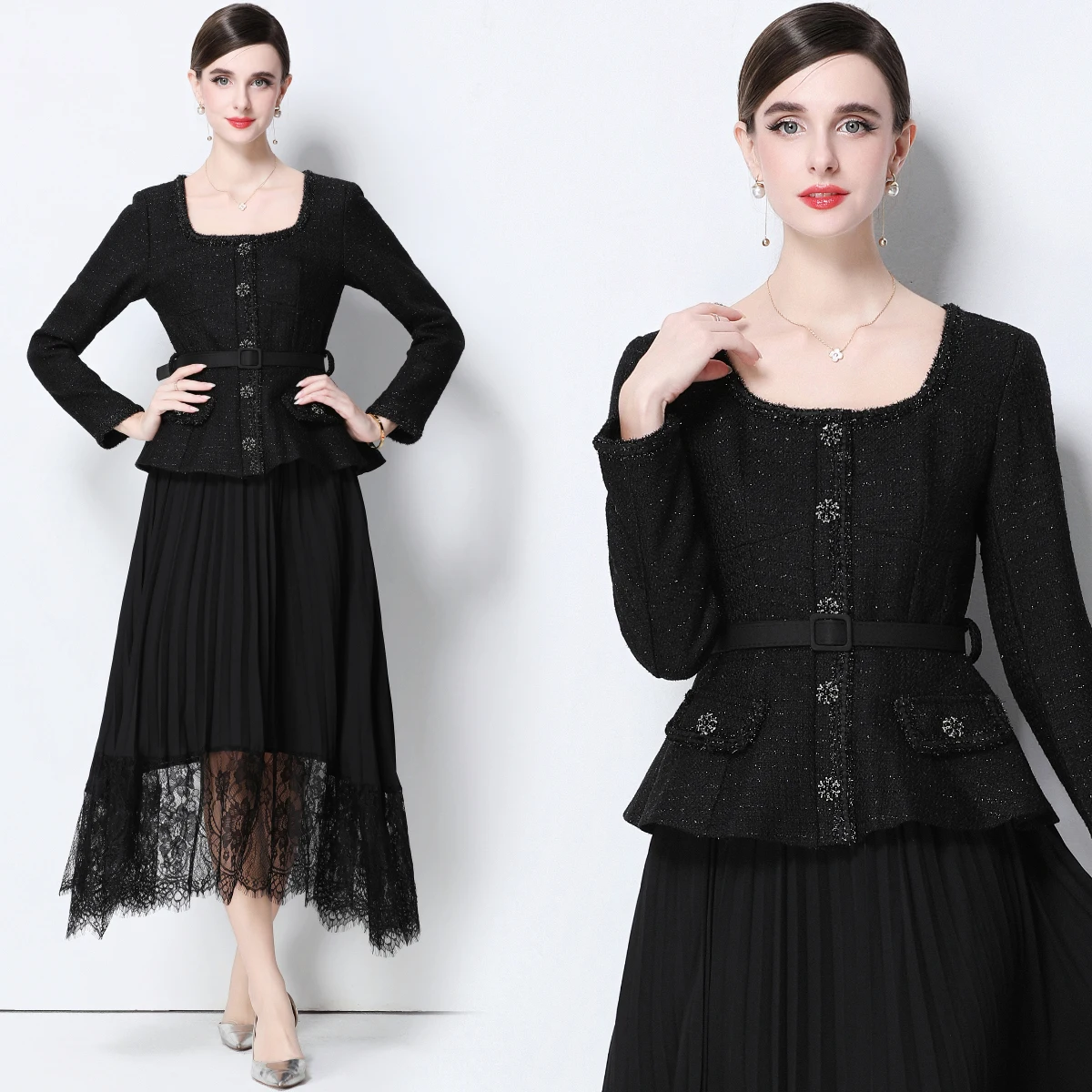 

Элегантное плиссированное макси-платье с высокой талией, кружевными вставками и длинными рукавами, модный дизайн с эффектом двухслойности для женщин