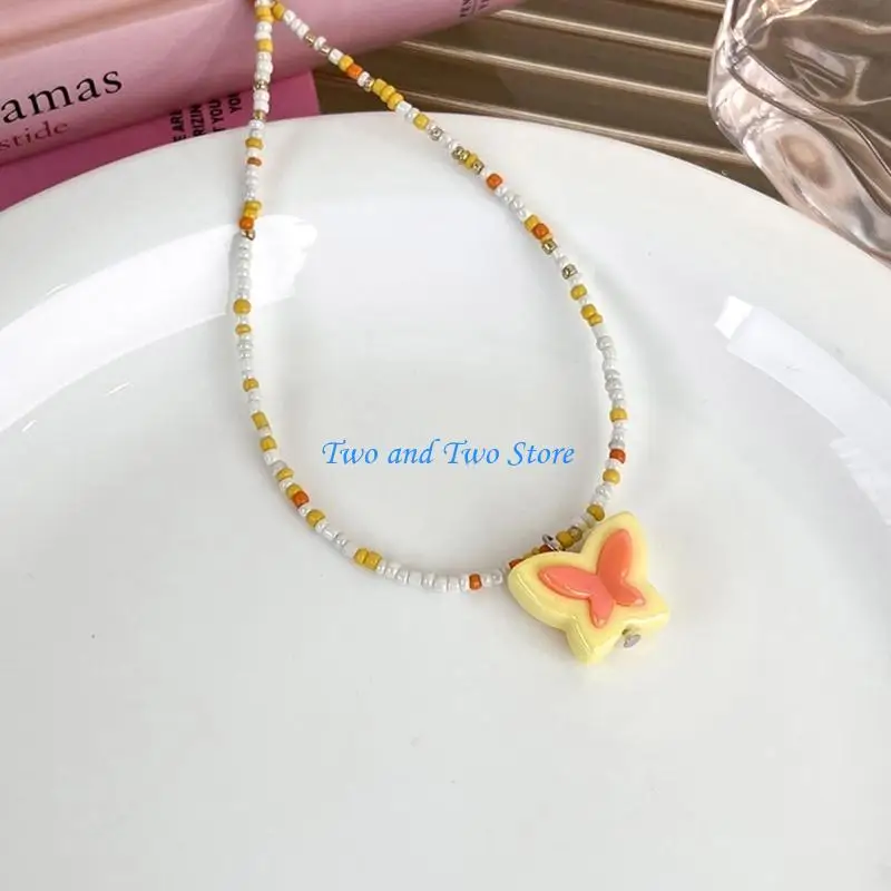 

HX6F Butterfly Beaded Pendant Necklaces Chain Necklace Choker Pendant Necklaces