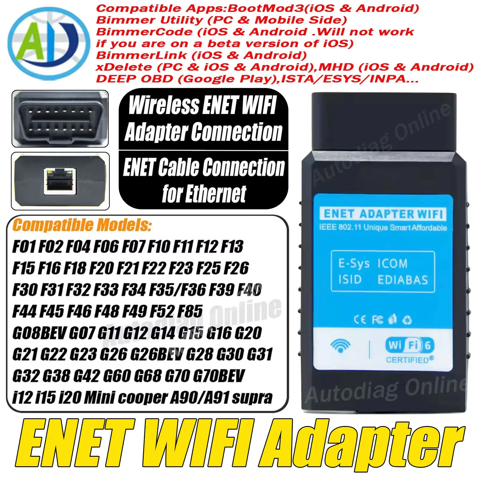 

Wi-Fi адаптер ENET для диагностического сканера OBD2 серий F/G/I/Mini для BimmerCode/Bootmod3/xDelete/MHD