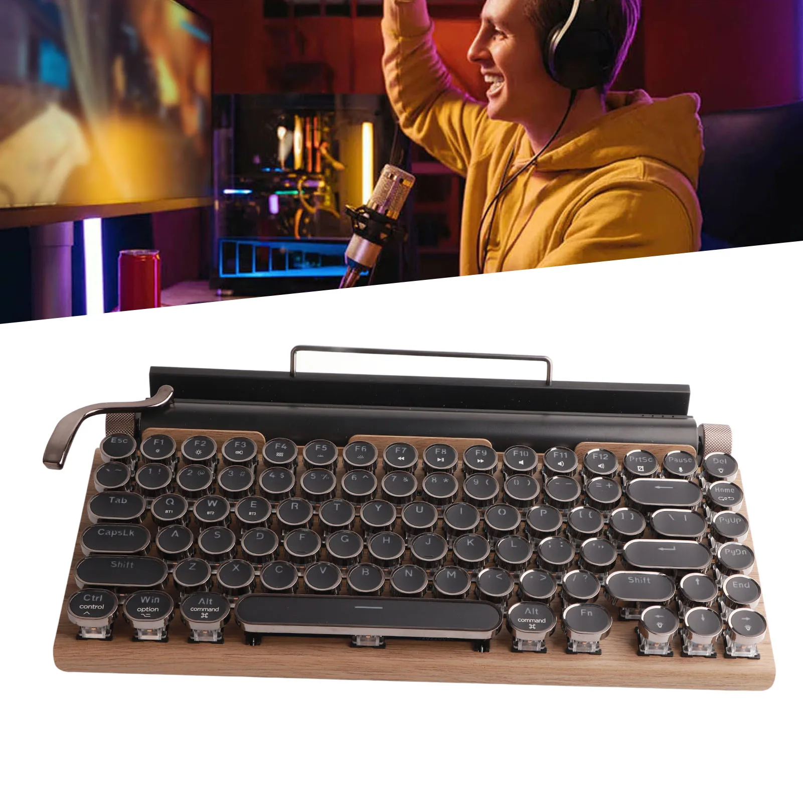 

Typewriter Keyboard 83 Keys Vintage Wireless Bluetooth Mechanical Keyboard with Metal Round Retro Typewriter Keyboard