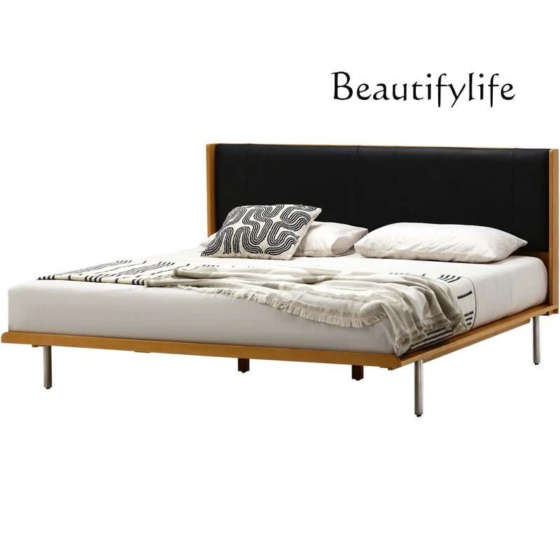 

Nordic Bauhaus medieval full leather high back thin soft backrest solid wood suspension platform double bed