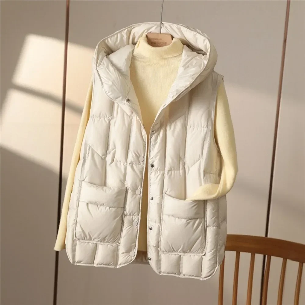 

Lightweight Seamless White Duck Feather Puffer Short Waistcoat Hooded Down Sleeveless Vest Women 2024 New Fashion Women