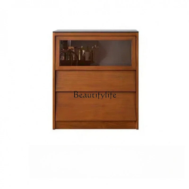 

LJY*Medieval solid wood dining side cabinet, retro floor combination cabinet with rock slab storage
