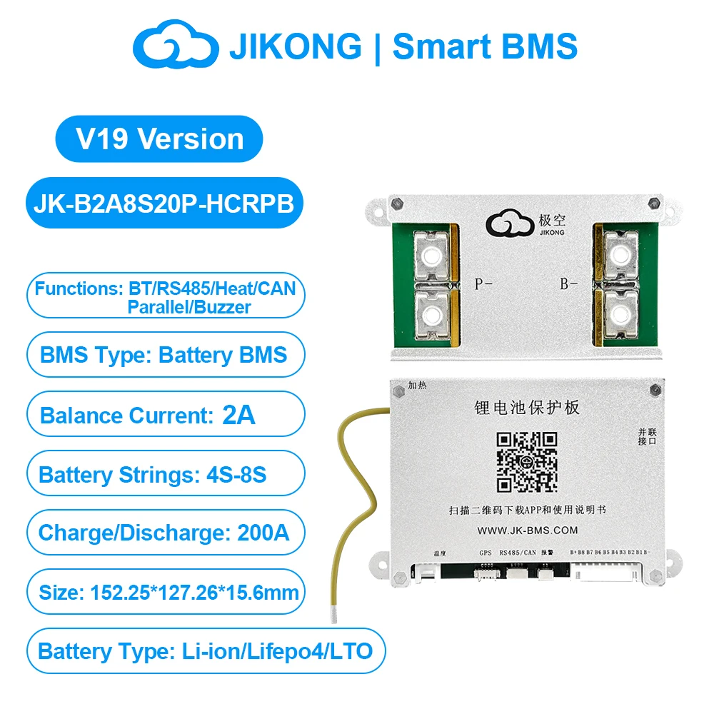JIKONG V19 Smart BMS 4S ~ 24S BT Display Warmte KAN 0.4 ~ 2A Stroom 40A 100A 200A 300A Actieve Balancer voor Li-ion LiFePo4 Lto Batterij