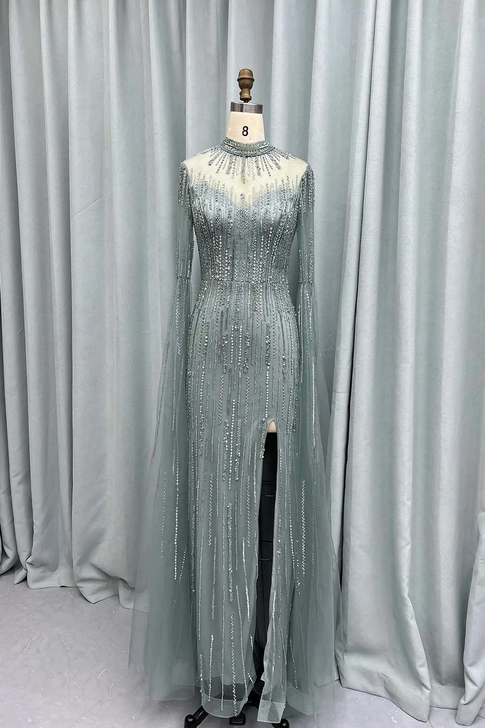 YQLNNE vestido de noche musulmán de manga larga, traje de tul con cuentas de sirena, color verde salvia, para fiesta de bodas