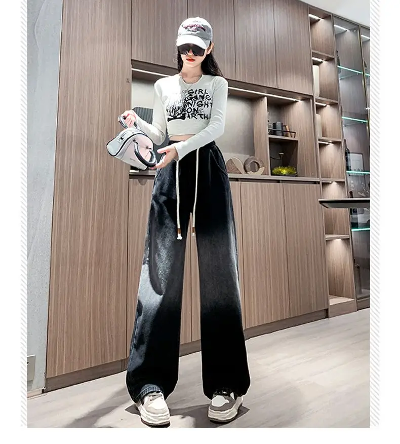 Large Size Black Denim Trousers Women Straight Wide Leg Loose High Waist Slim Fattening Women Gradient Soft