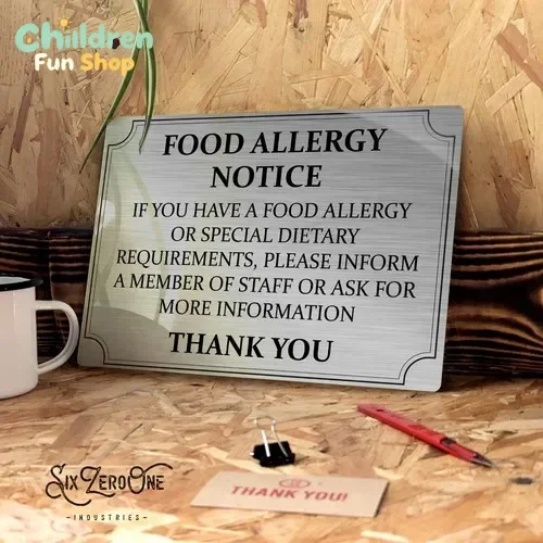 FOOD ALLERGY Metal Sign - Brushed SIlver Aluminium Pub Cafe Catering Rules Eat --Tin Sign