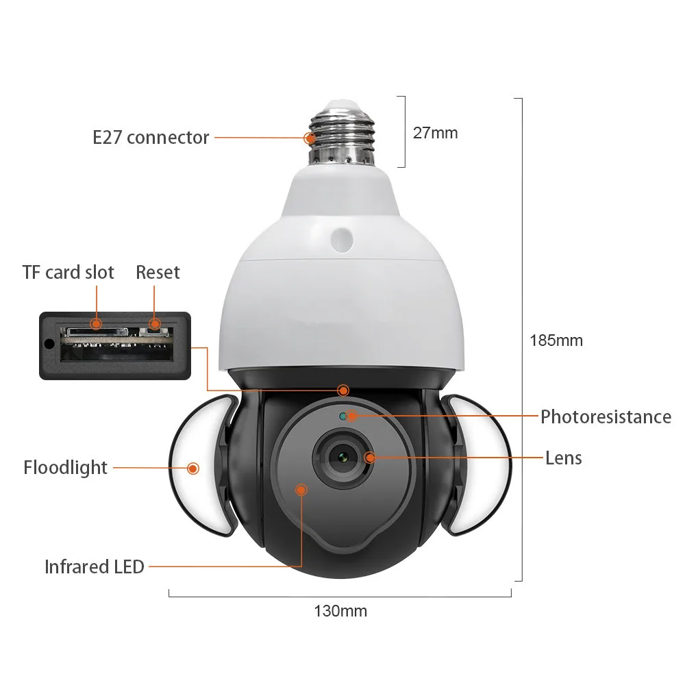 5MP UHD Floodlight E27 Lamp Head Socket Wireless PTZ IP Dome Camera AI Humanoid Detection Home Security CCTV Baby Monitor