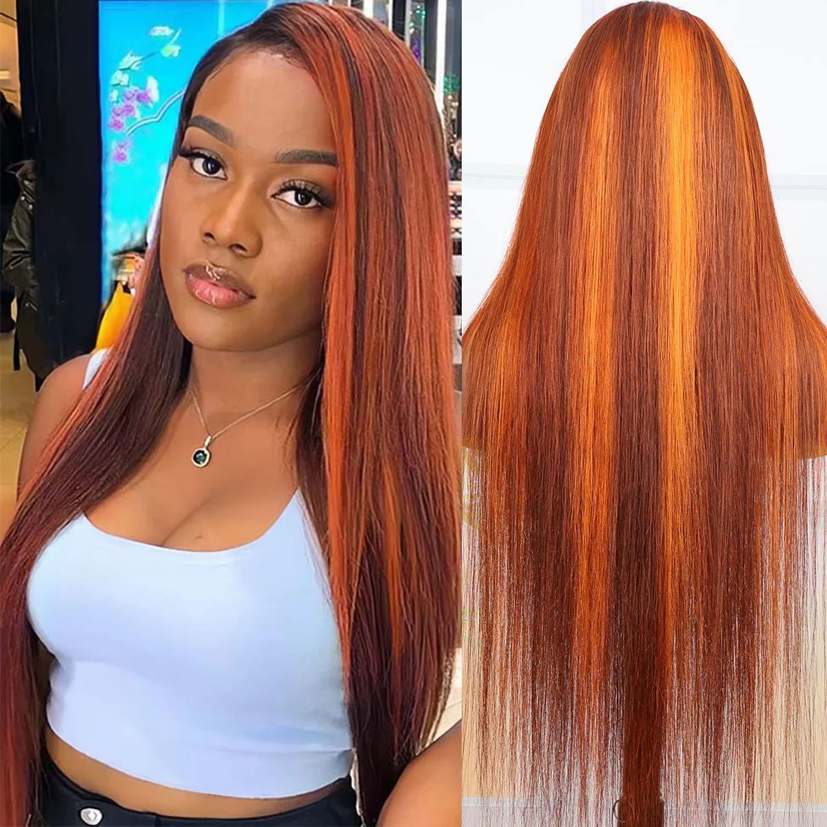 

4/350 Highlight Straight 13x6 HD Lace Frontal Human Hair Wig 200 Density Peruvian Ombre Orange Ginger Human Hair Wigs For Women