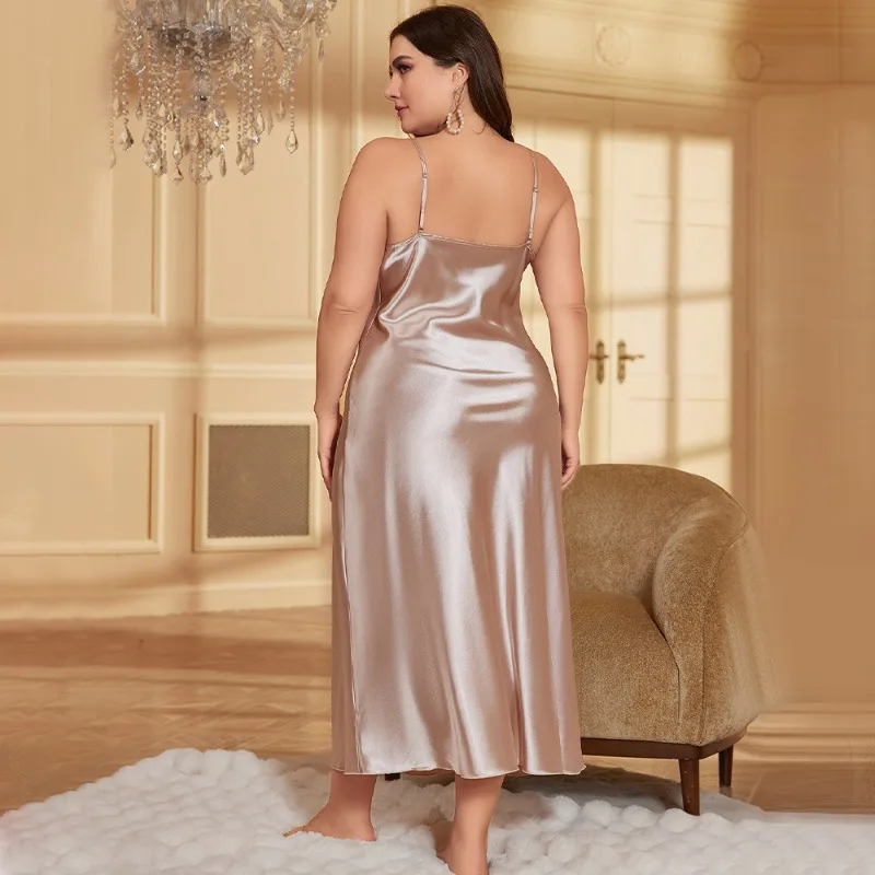 Summer Thin Solid Color Plus Size Sleepwear Women Luxury Imitation Silk Sexy Suspender Nightgown Leisure Home Clothes Pajamas