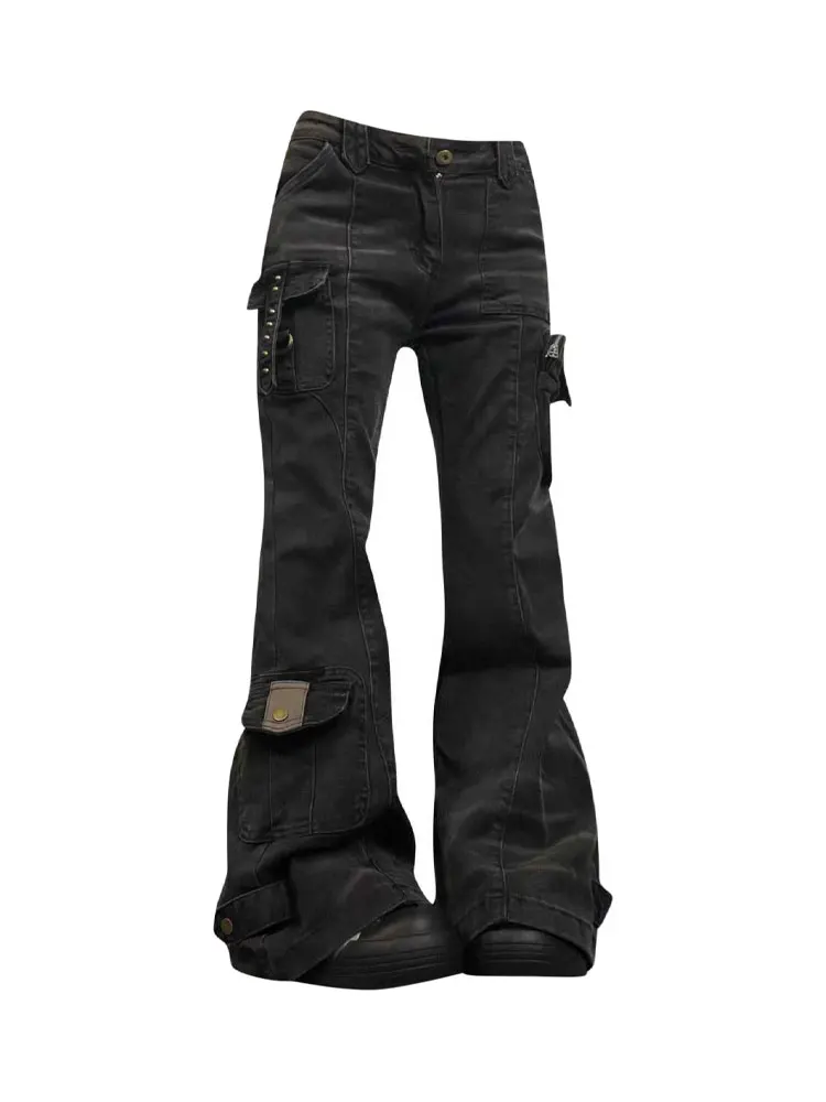 Washed Vintage Large Size American High Street Workwear Denim Pants Women's 2025 New Slim Micro Flare Long Trousers Trendy