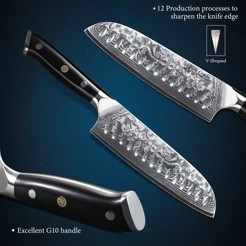F.YOUNG 7 Inch Professional Japanese Santoku Knife  67 Layer Damascus Steel VG10 Core Sharp Meat Vegetable Kitchen Chef Knife
