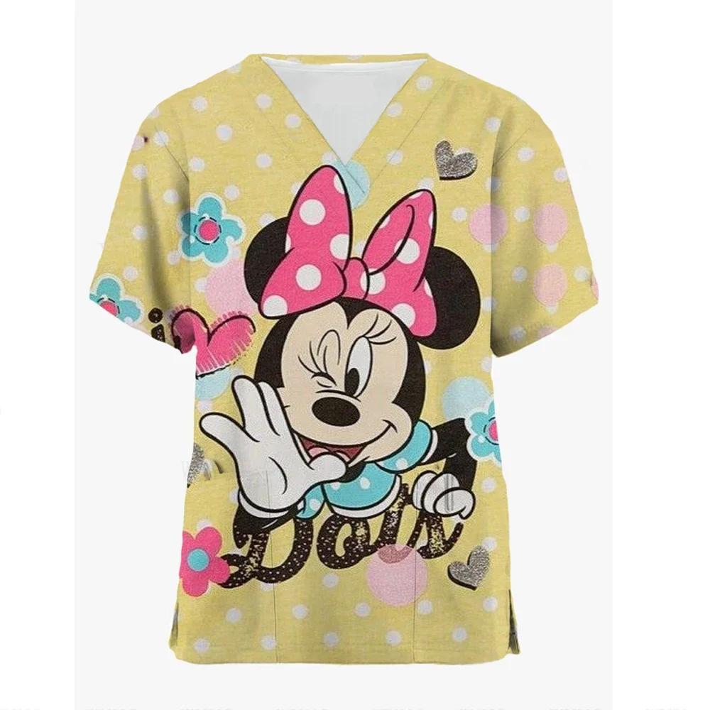 Disney Minnie Bow Print Womens T-Shirts Medical Nursing Uniform Stretch V-Neck Short Sleeve T Shirt Tops With Pocket Women\'s Top