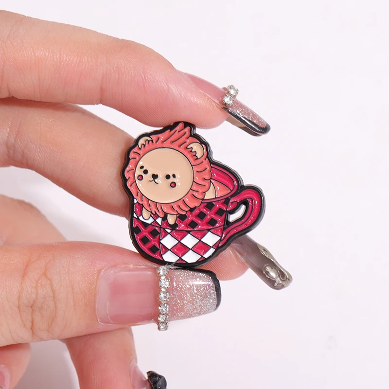 Cute Cartoon Cup Animal Enamel Pins Cartoon Lion Snake Owl Brooches Accessories Backpack Lapel Badge Gift for Friends Wholesale