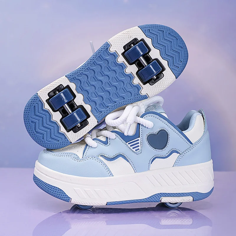 New Heart Children Cool Sports Shoes Four-wheels Wear-resistant Leather Parkour Comfortable Stable Outdoor Sports Roller Skates