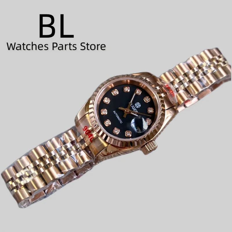 BLIGER 26mm NH05 Mechanical Lady\'s Watch Silver Rose Gold Strap Fluted Bezel Sapphire Glass Black Dial Diamond Index Waterproof