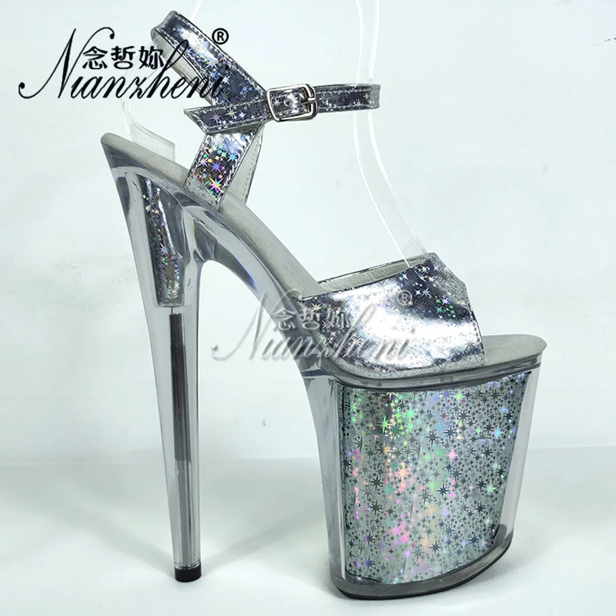 Platform 8Inch Strip Pole Dance Silver Open Toe women\'s shoes sexy high heels 20cm Exotic crossdresser Gothic Peep Toe Big Size