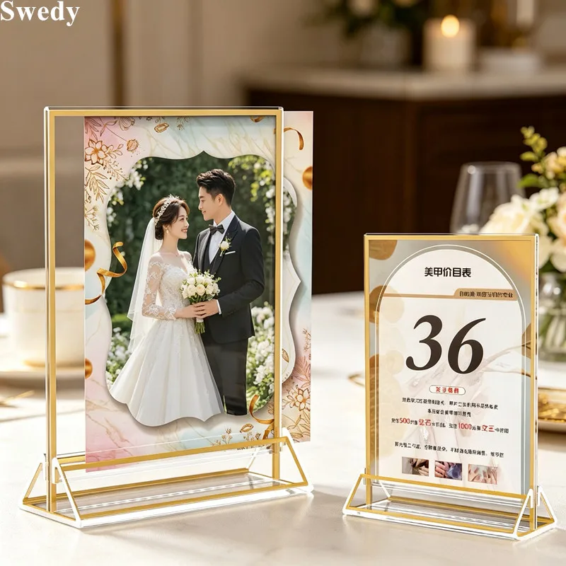 4 Pieces A5 148x210mm Gold Border Acrylic Table Number Stand Wedding Table Sign Holder Double Sided Photo Frame Menu Display