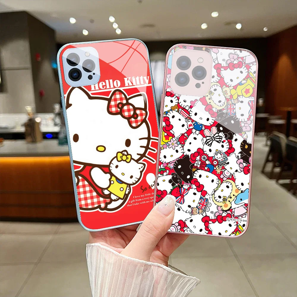 Sario H-Hello Kitty Phone Case For IPhone 15 14 13 12 Mini 11 Pro Max X XS XR 6 7 8 SE Plus Glass Hard Cover