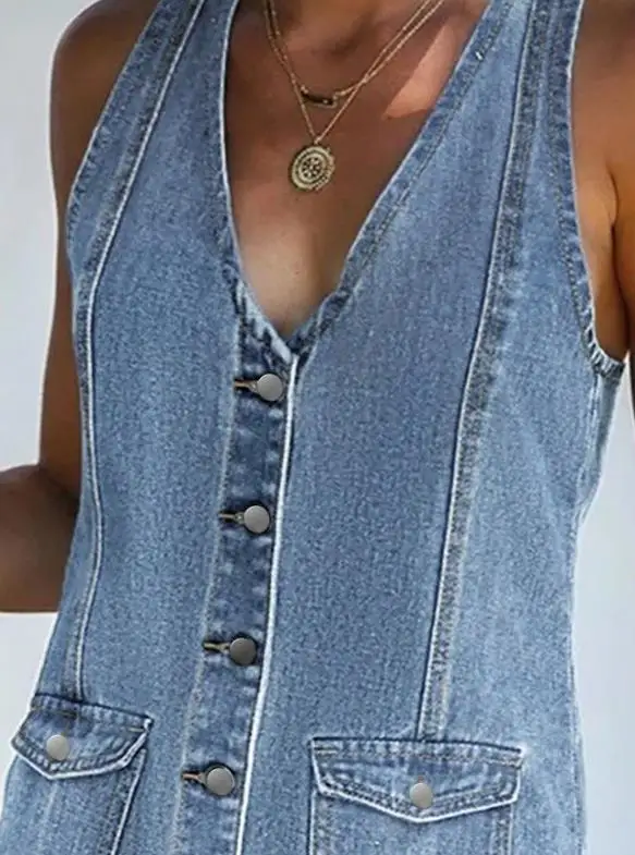 

Womens Dresses 2026 New Spring Solid Color Vintage Button Placket V-Neck Sleeveless Casual Daily A-Line Mini Denim Dress