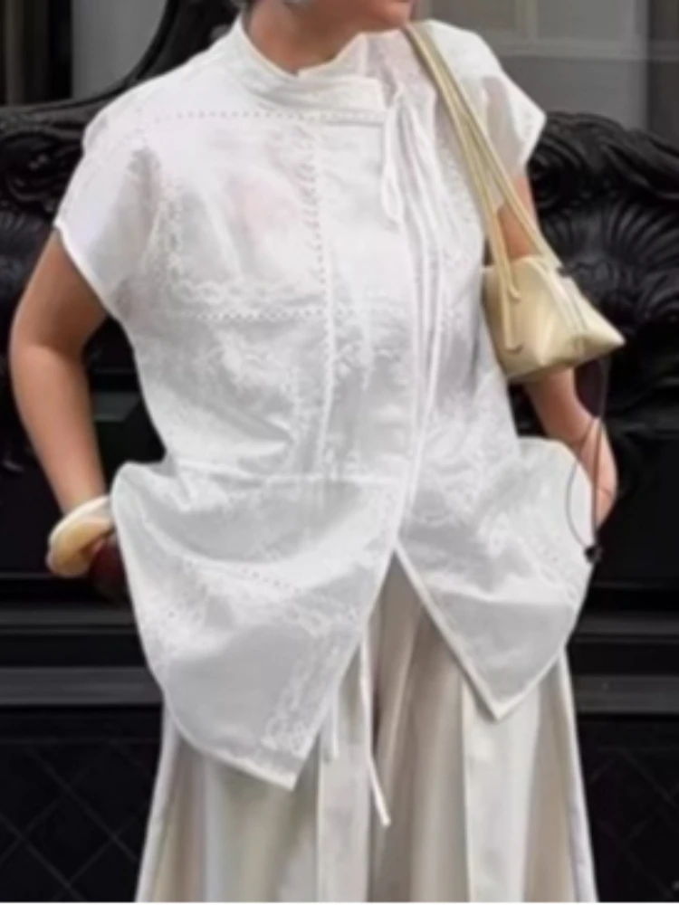 Women White Cap Sleeve Sheer Blouse High Neck Tie Front Embroidered Wrap Asymmetric Hem Casual Tops Lady Elegant Summer Top