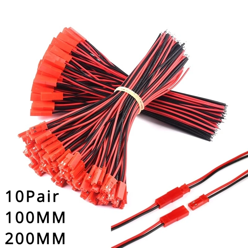 10Pairs 100/200mm 2 Pin Connector JST Plug Cable Male/Female 22AWG For RC BEC Battery Helicopter DIY FPV Drone Quadcopter