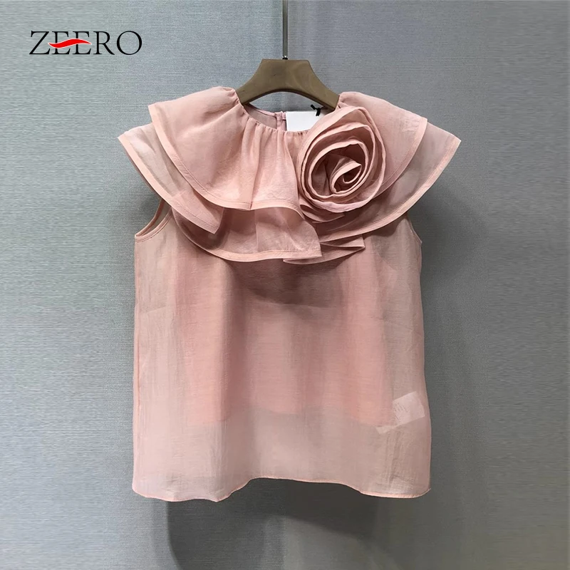 

Summer Women White Flower Appliques Ruffles Blouses Female Sweet Pink Chiffon Sleeveless Bouse Y2k Tops Fairycore Blusas Mujer