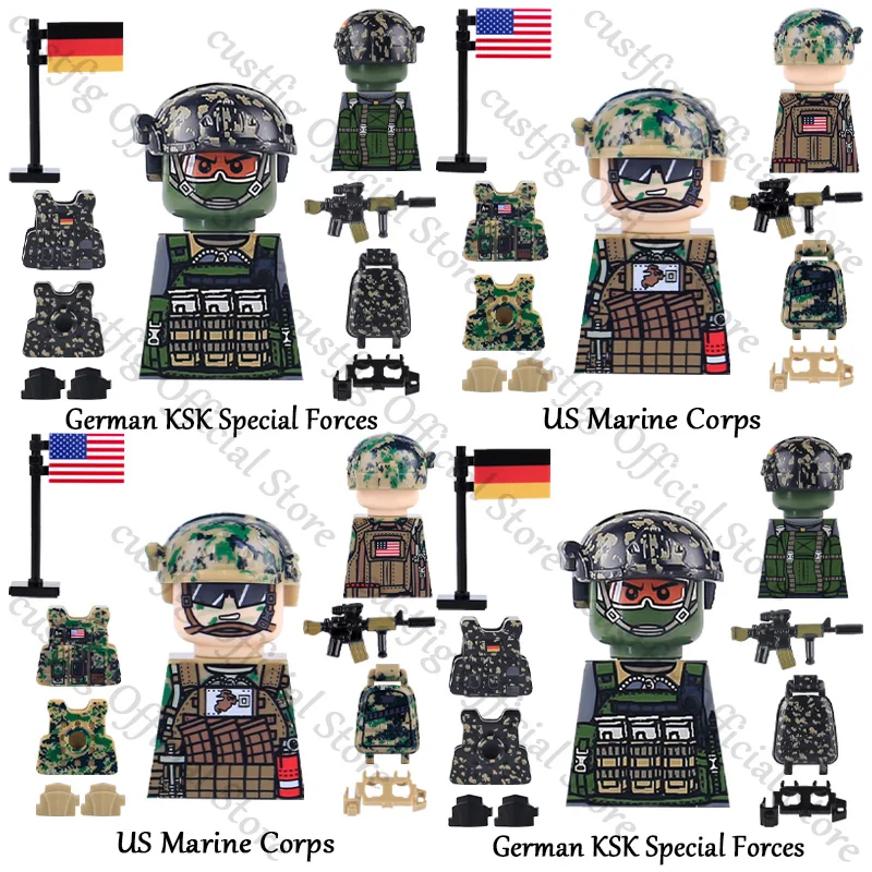 Militär Armee US Marine Corps Soldat Figuren Bausteine Deutsche KSK Special Forces Infanterie Pistole Flagge Zubehör Ziegel Spielzeug