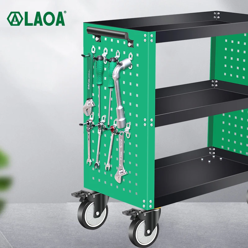 LAOA Hanging board tool cart Three layer trolley Tool storage cart Metal Tool Cart on Wheels With side hanging plate