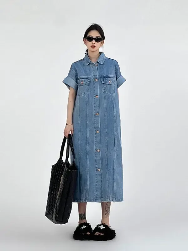 2024 Modieuze zomer nieuwe dames oversize denim shirtjurk losse vintage casual commuter flip kraag rechte buisrok