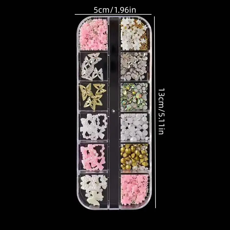 مجموعة مكونة من 12 شبكة لفن الأظافر وحجر الراين - زهور فراشة كريستالية وأشكال قلب، لتزيين فن الأظافر بنفسك، مجوهرات فنية للأظافر |     أحجار كريمة أظافر متعددة الوظائف |     إكسسوارات الأظافر اللامعة