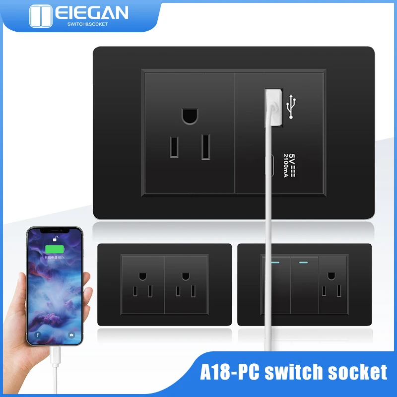 ELEGAN Black Flame retardant PC panel Thailand Standard Type-C America Outlet Plug 118*72mm Wall Socket Light Switch Fast Charge