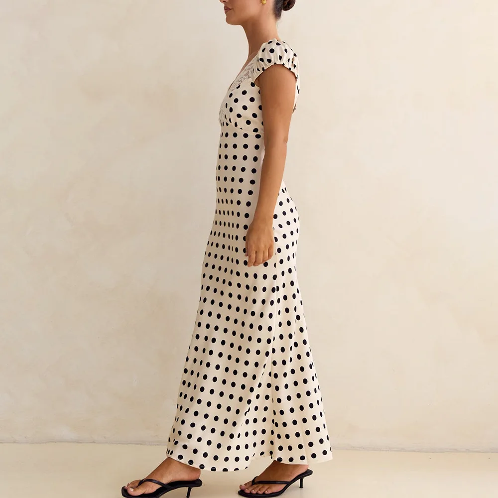 Apprabant French Lace Patchwork Satin Polka Dot A-Line Maxi Dress Women Elegant Backless Cut Out Long Gown Birthday Partywear