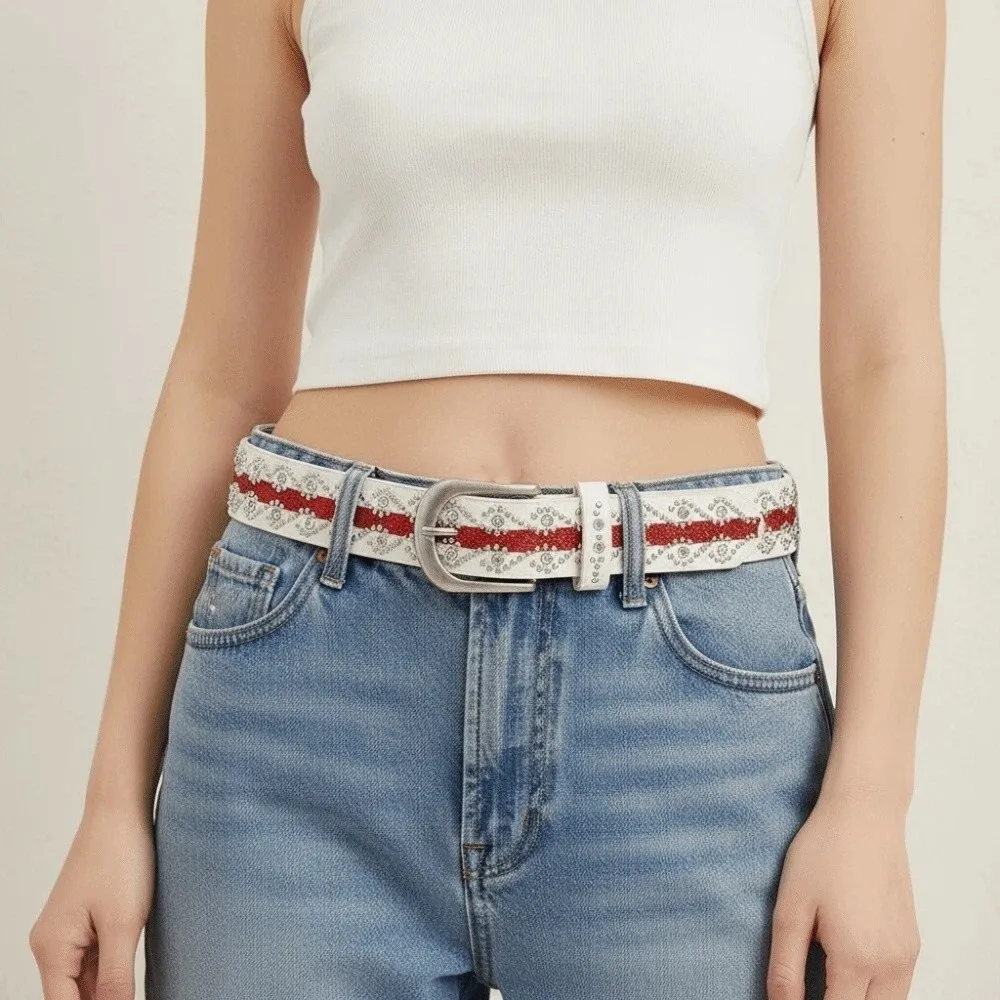 Contrast Color Y2K Punk Belt Eye Catching Texture Western Studded Belt Adjustable Length Gothic Vibe Rhinestone Waistband