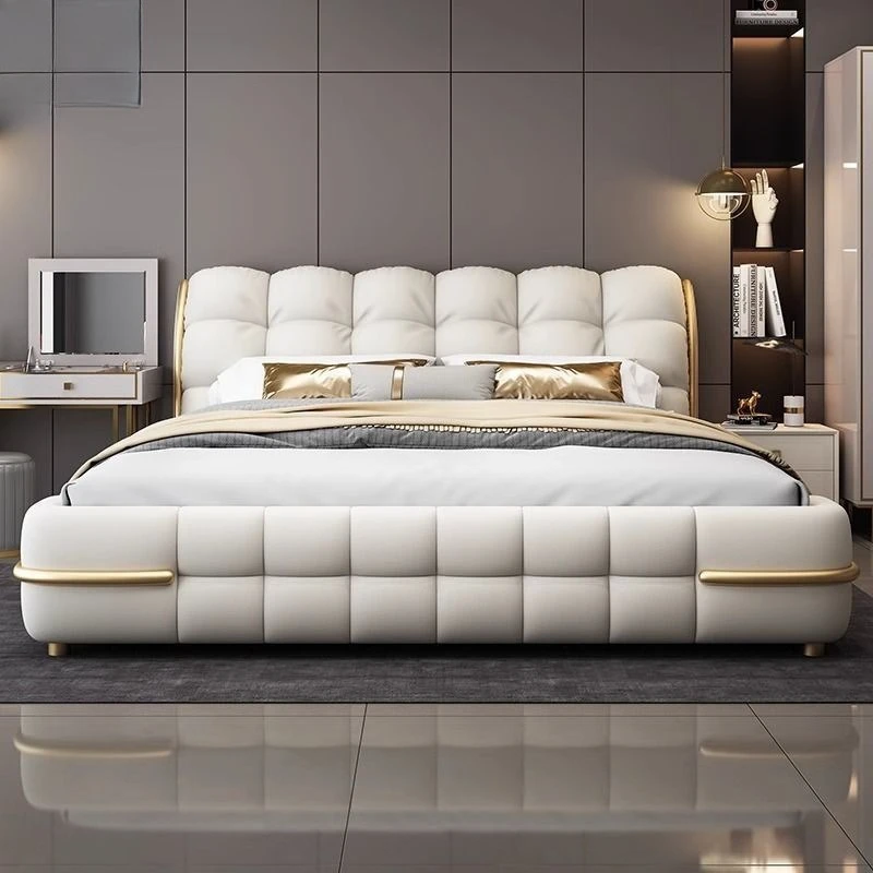 Deluxe master bedroom queen bed modern simple leather double wedding bed high-end atmospheric light luxury leather art bed