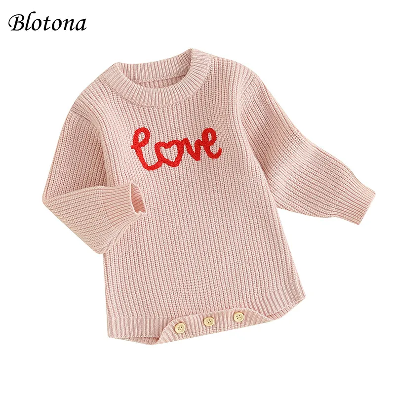 

Blotona Newborn Baby Knitted Long Sleeve Autumn Winter Sweater Romper, O-Neck Letter Embroidery Crotch Button Bodysuit 0-18M