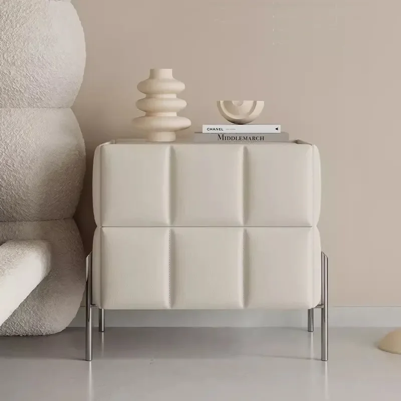 Modern Quilted Leather Nightstand with Chrome Legs, Padded Bedside Table, Minimalist Upholstered Storage Cabinet for Bedroom