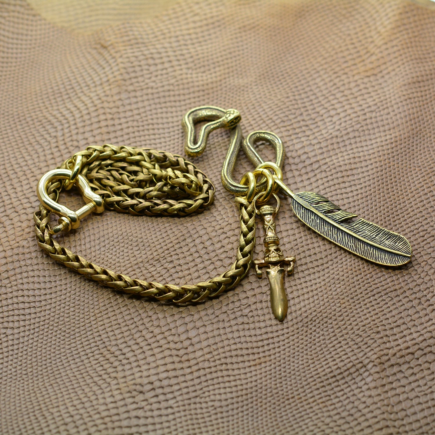 Viking Western Punk Brass Snake Hook Chain Skull sword Feather Biker Jean Keychain for Trousers - New Design Punk Accessory