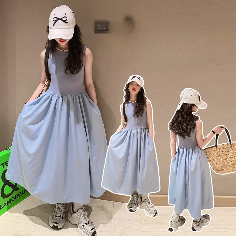 

Girls Skirt Splicing Long Dress 2024 New Style Western Girls Summer Small Dress Children Summer Sundress Korean Simple Style