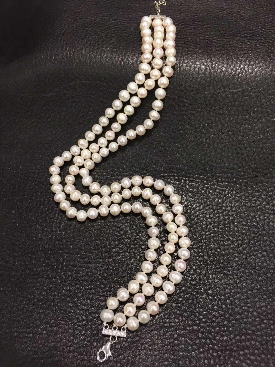 

3-Row Pearl Necklace AAA7-8mm Natural South Sea White Pearl Necklace 925s+41-42-43cm.43-44-45cm