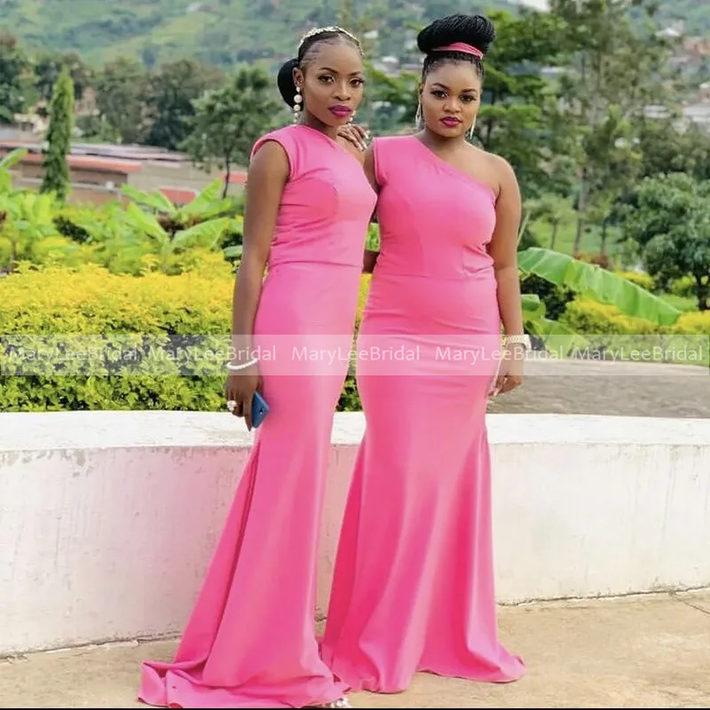 

Hot Pink One Shoulder Bridesmaid Dresses 2022 Sleeveless African Women Mermaid Long Party Dress Vestidos De Fiesta Para Bodas