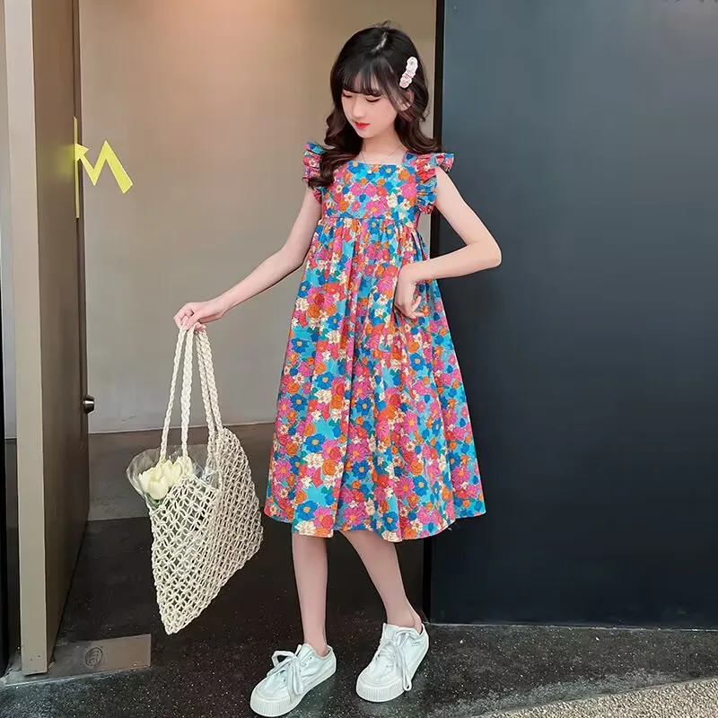 Sommerkleid für Kinder Mädchen süße Prinzessin Vestidos Blumen schlinge Vierkant hals Mädchen Kleid Freizeit kleider Kinder kleidung
