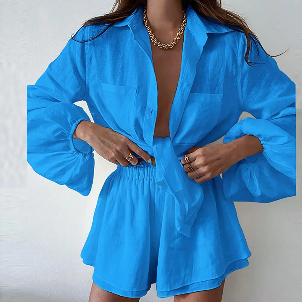 Ladies Casual Suit Solid Color High Waist Shorts Shirt Two Piece Set Summer Women Outfit Long Sleeve Blouse Wide Leg Shorts