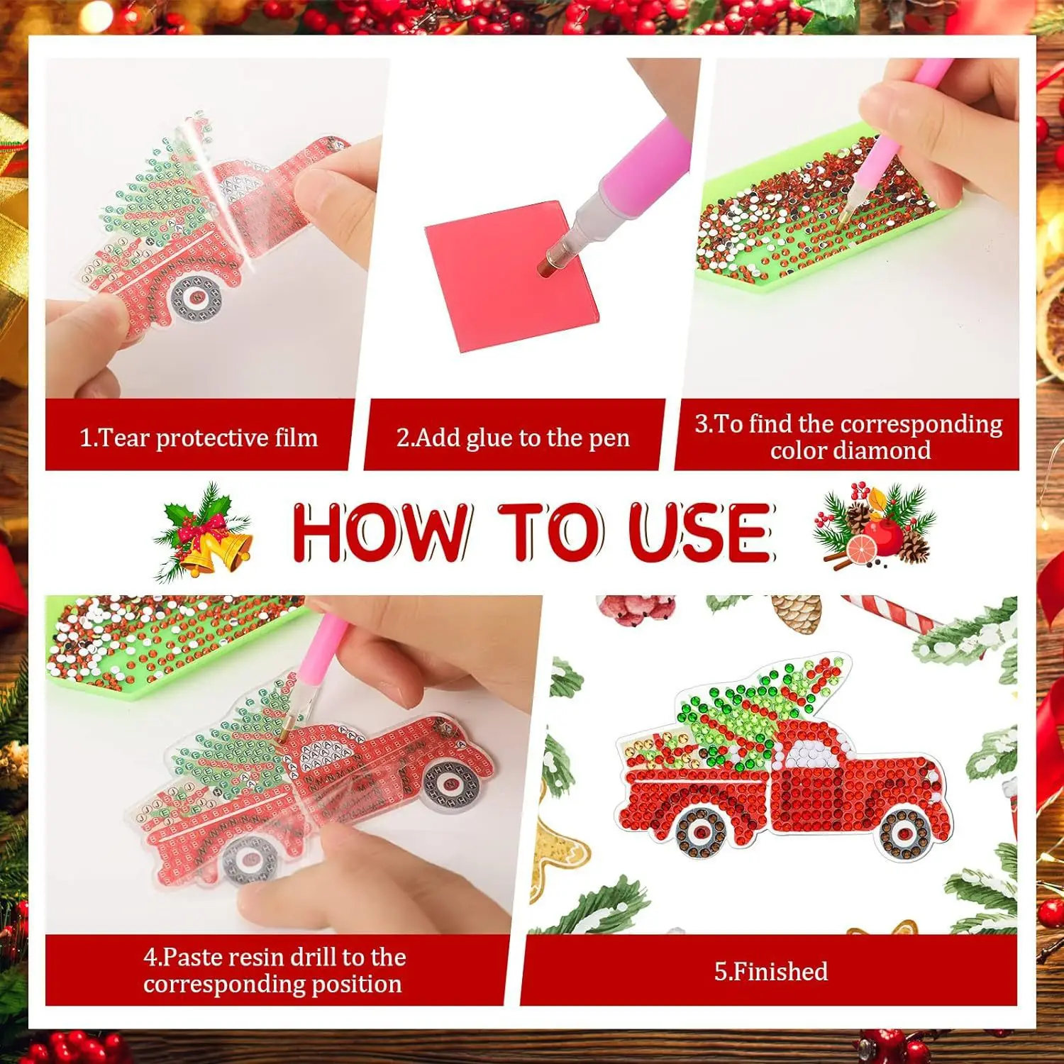 12 sztuk Dwustronnych Świątecznych Ozdób Diamentowych, Breloczków do Malowania Diamentami, DIY Malowanie Diamentami 5D, Okrągłe Breloczki z Wiertłem, Świąteczne
