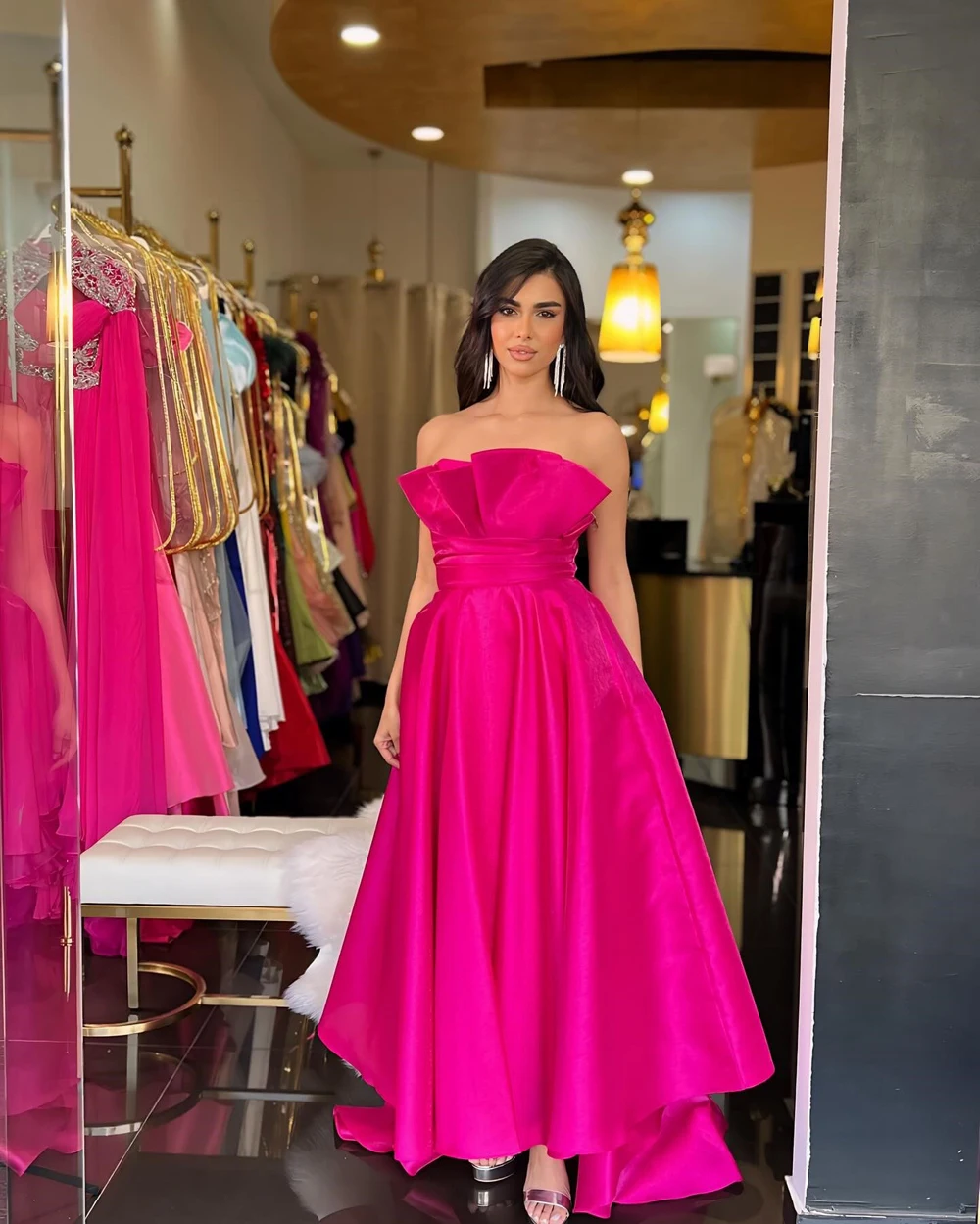 Vintage Satin Evening Dresses Hot Pink Strapless Draped Flairy Elegant Formal Party Prom Gowns Maxi Vestido De Gala Customized