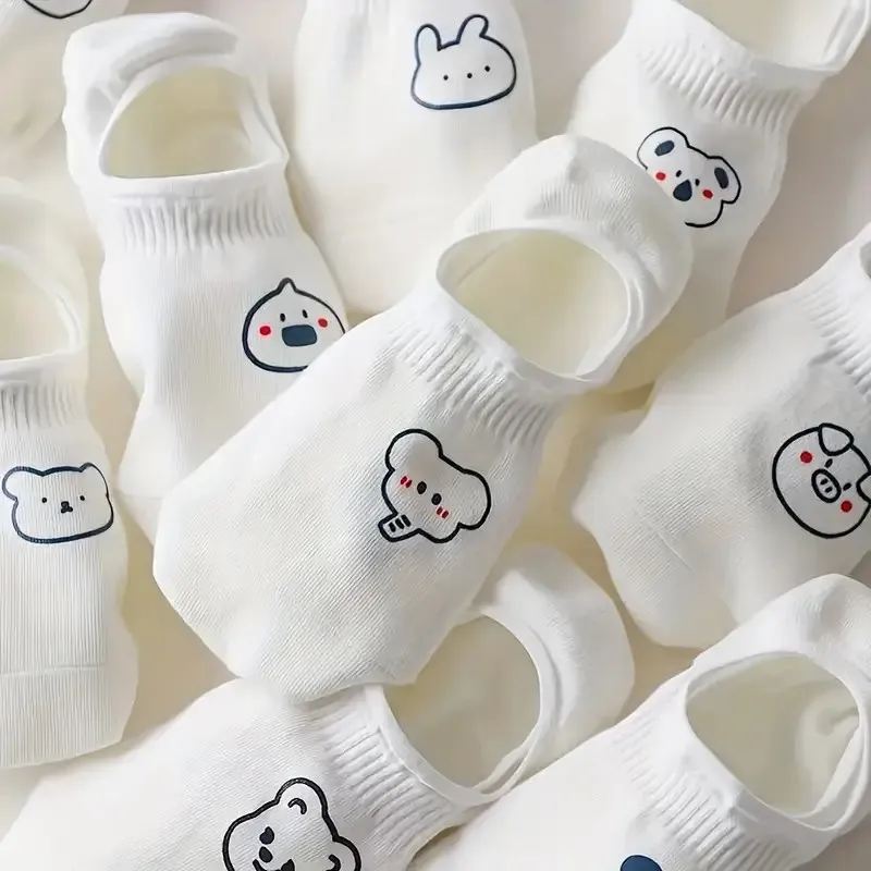 5/10/20 Pairs Women White Cartoon Invisible Socks Cute Animal Design Sweat Absorbing Breathable Soft Comfortable Casual Socks image 2