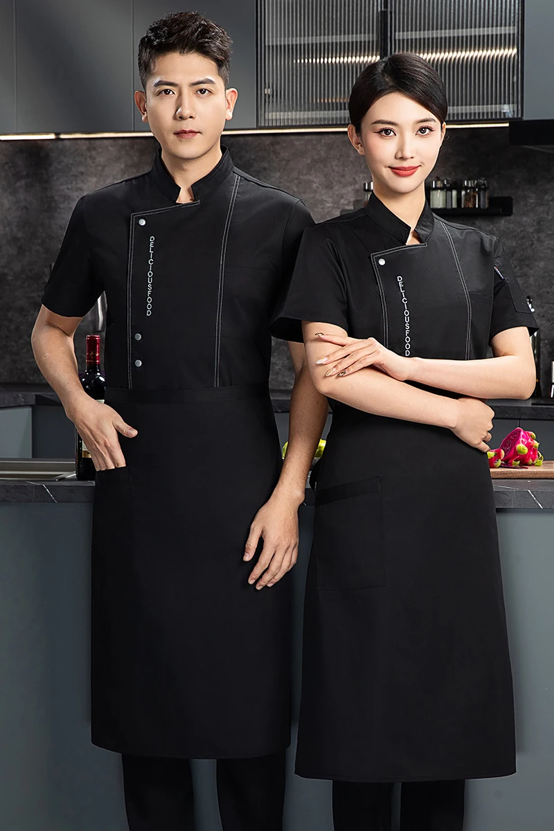 Zomer wit korte mouw uniform koksbuis heren werkkleding logo chef-kok shorts ademend restaurant keuken chef-kok jas schort