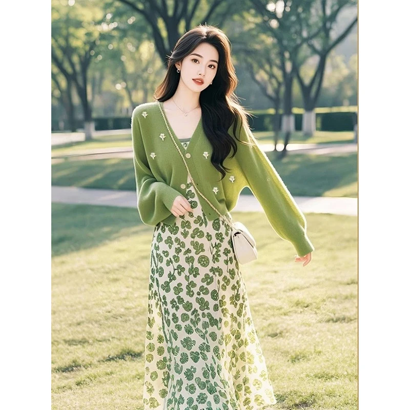 Spring Set Women's 2025 New High-End een Knitted Cardigan Floral Dr Two-Piece Set Casual Sle Long Sve Midi Dr