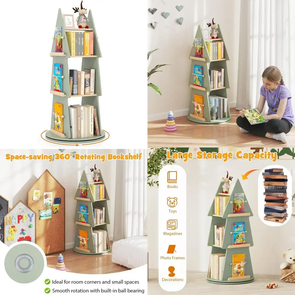 

3-Tier Wooden Rotating Bookshelf with 12 Sectors for Kids, 360° Display Spinning Bookshelf Tower, Compact and Versatile Storage
