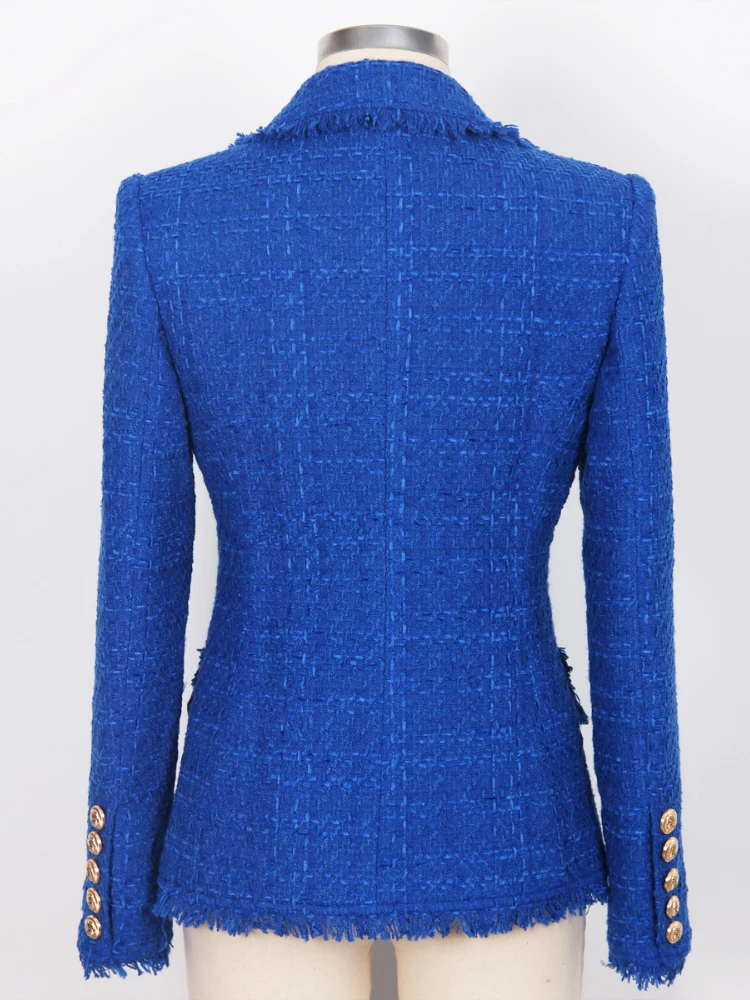 Fashion Vintage Blue Tweed Coat Women 2023 Autumn Y2k High Quality American Style Slim Fit Elegant Commuter Plus Size Blazer 2XL